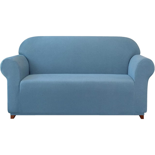 Subrtex Housse de Canapé Extensible 1 Pce Slipcover Antidérapante avec Motif à Carreaux Texturé de Couleur Bleu Uni. la Slipcover Est Conçue pour s'Adapter Parfaitement avec des Coins Élastiques Intégrés, Offrant un Ajustement Semi-Personnalisé pour les sofas. Fabriquée à Partir de 85 % polyester et 15 % Élasthanne, Elle Est Douce, Agréable pour la Peau, Respirante et durable. Convient pour Protéger les Meubles du Port Quotidien, des Déversements et des Taches, et Idéale pour les Maisons avec des Enfants Ou des Animaux de Compagnie. Présentée sur un Sofa Trois Places standard dans un