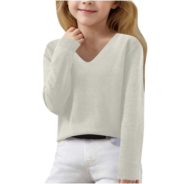 LOVZFMLL Sweaters for Girls, V-Neck Ribbed Pullover Classic Casual Solid Color, Cozy Soft Layering Top Fall Clothes Warm Winter Tops Kid Girls Clothes for 10-11 Years