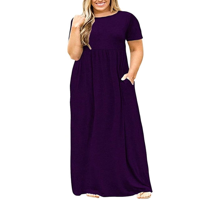 Drppepioner Robe Longue Décontractée pour Femmes Grande Taille à Col Rond d'Été à Manches Courtes, Unie, Ample, avec Poches, de Couleur Violet Foncé. la Robe Présente une Coupe Décontractée avec des Manches Courtes, un Col Rond et des Poches Latérales. Fabriquée en polyester, Elle Est Conçue pour un Usage Décontracté et Quotidien pendant l'Été. Offerte en Tailles TG à XXXXXL avec les Mesures Fournies dans la description.