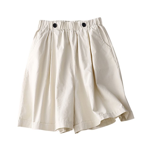 Timegard Shorts for Women Cotton Linen Elastic Waist Button Wide Leg Ruched Causal Loose Shorts Summer