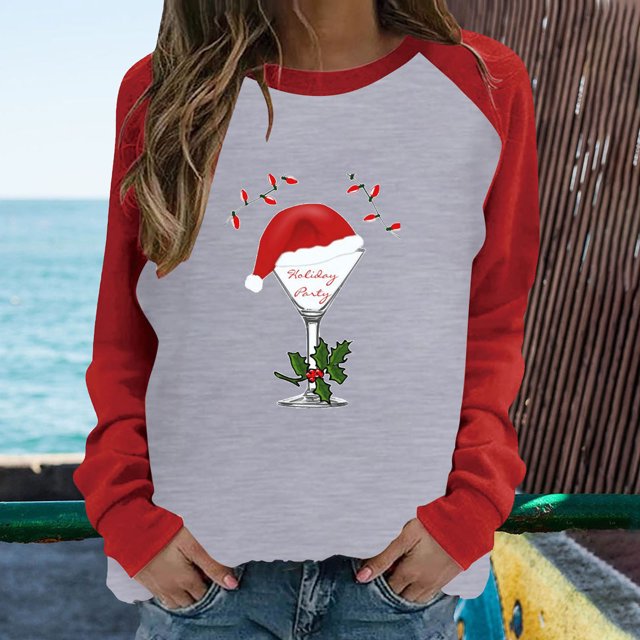 Qertyioot Chandail Décontracté de Noël pour Femmes, Manches Longues, Col Rond, Imprimé, Coupe Ample