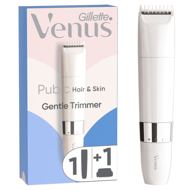 Gillette Venus Pubic Hair & Skin Gentle Trimmer with packaging, featuring a white waterproof electric bikini line trimmer with detachable comb and silver adjustment ring, designed for gentle hair removal and skin protection in wet or dry use.