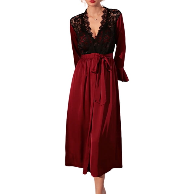 Penkiiy Womens Long Robe Satin Lace Nightgowns Soft Ruffle Sleeve Bathrobe M Wine