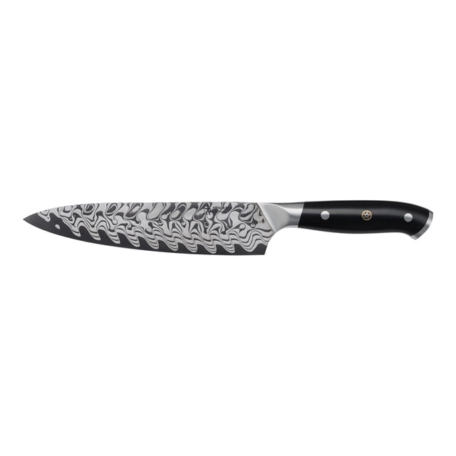 HENCKELS Compass Damascus 8 inch Chef's Knife with a 23-layer Damascus pattern blade surrounding a high-carbon D60 steel core. Designed for precision and safety, it features a curved bolster, triple-rivet contoured handle with a decorative mosaic pin, and a stainless-steel endcap for balance. Suitable for professional chefs and home cooks, it offers exceptional edge retention and durability.
