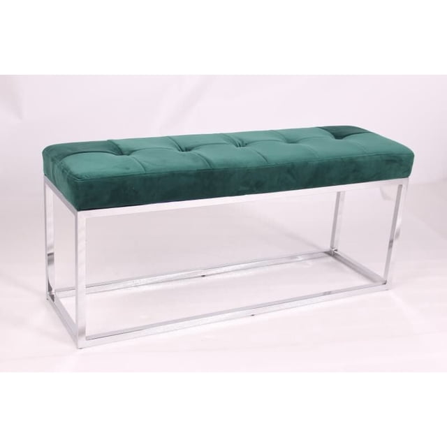 Green Velvet Upholstered bench with stainless stain base.