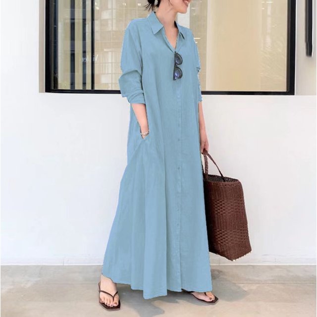 Bramtres Robes Maxi, Robes de Vacances, Robe Chemise Longue Décontractée pour Femme en Coton et Lin à Boutons avec Poches, Longues Robes, Robe à Manches Longues, Robes Modestes, Bleu 1 Robe, 5TG