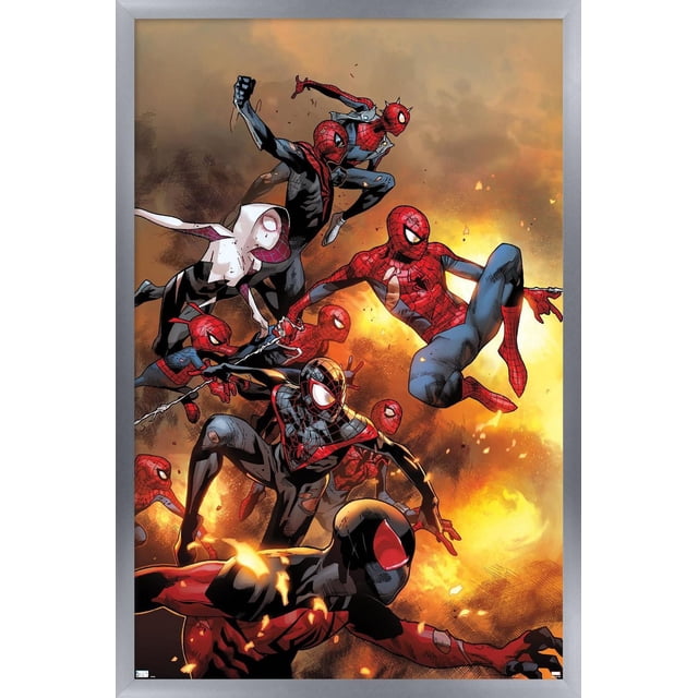 Marvel Comics - Spider-Verse - The Amazing Spider-Man #13 Affiche Murale, 22,375 Pouces x 34 Pouces Encadrée Présentant Plusieurs Personnages Spider-Man dans des poses d'Action Dynamiques sur un Fond orange Ardent, Logée dans un Cadre Argenté. Cette Affiche Encadrée Légère, Facile à Accrocher, Convient à l'Art Mural, à la Déco de Pièce et à la Décoration de Fête.