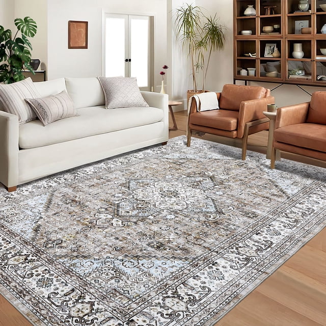 FairOnly 9' x 12' area rug in khaki displayed in a modern living room setting. The rug features a stylish modern abstract pattern with intricate detailing and a soft texture. Designed for high-traffic areas like living rooms, bedrooms, and kitchens, it is machine washable and includes TPR anti-slip backing for safety, making it ideal for children, pets, and seniors. Perfect for kids' rooms and home decor, this durable rug adds a chic and functional touch to any space.