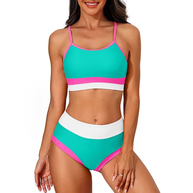 Scoop Neck Bikini Sets for Womens Adjustable Straps Bathing Suit High Waisted Two Piece Swimsuit