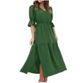 thumbnail image 2 of Robe Maxi d'Été Mode Femme Manches Mi-Longues Col en V Ample Robe Unie à la Cheville Robe Longue Fendue Robe à Manches Courtes en Liquidation, 2 of 7