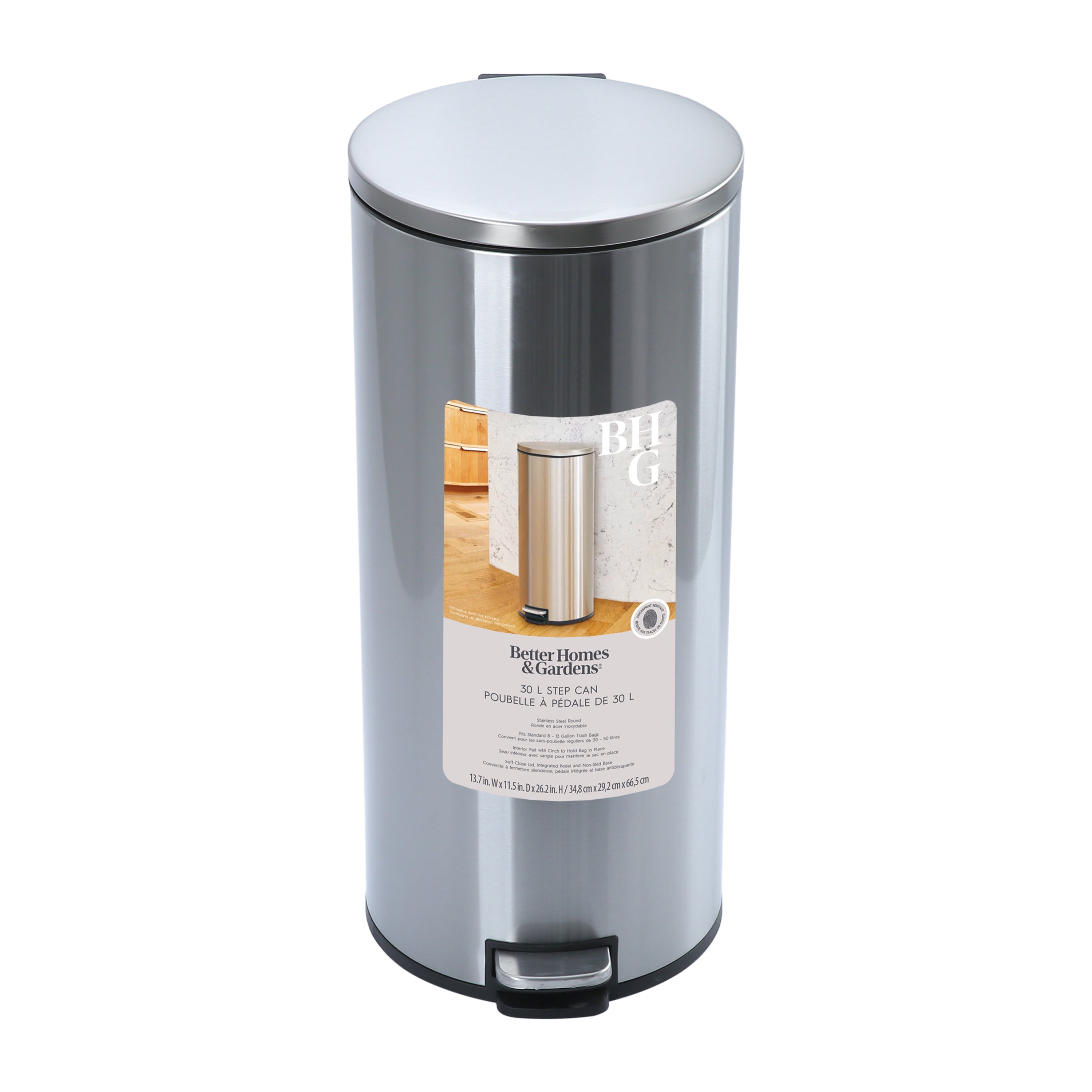Poubelle de cuisine Better Homes & Gardens, 30 litres, en acier inoxydable, ronde, à pédale, avec couvercle à fermeture douce, argentée