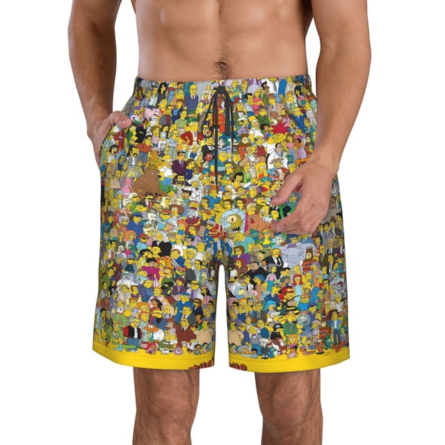 Men's Simpsons Beach Shorts Hot Summer Swim Trunks with a colourful all-over print of Simpsons characters. Made from 100% polyester with mesh lining, these athletic bottoms are ideal for swimming, surfing, running, and casual wear. Featuring a drawstring waistband and water-repellent technology for quick drying, they are perfect for beachwear and active sports.