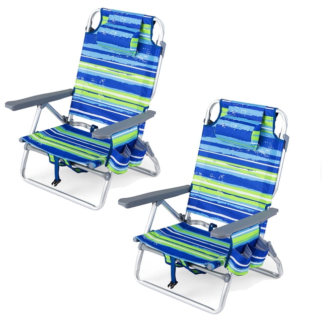 Patiojoy Ensemble de 2 Chaises de Plage Légères en Aluminium Sac à Dos Fauteuils Inclinables Pliants avec Dossier à 5 Positions et Appuie-Tête Rembourré Bleu