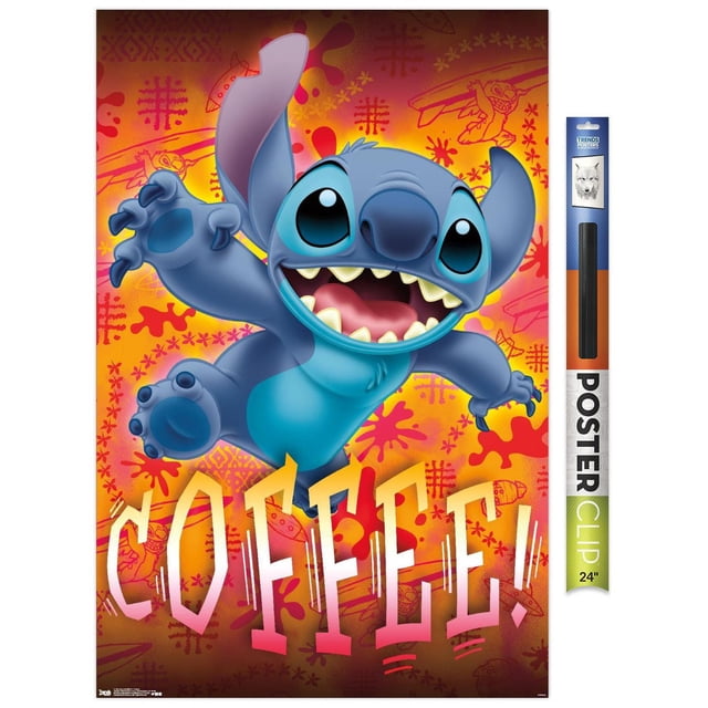 Disney Lilo and Stitch - Coffee Wall Poster, 22.375" x 34", showing a front-facing animated blue Stitch with large eyes and open mouth, leaping on a vibrant orange and red tribal patterned background with bold 'COFFEE!' text, printed on glossy paper with a 24-inch poster clip included for easy, damage-free hanging, suitable for bedroom or dorm décor.