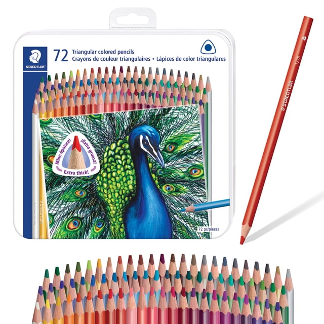 Staedtler Triangular Coloured Pencils set of 72 colours in a white plastic case with a detailed peacock illustration on the front. The pencils feature ergonomic triangular barrels and break-resistant 3mm cores, arranged to display a wide range of vibrant shades. One red pencil is shown separately to highlight smooth colour laydown and durability, ideal for school arts and crafts and creative projects.