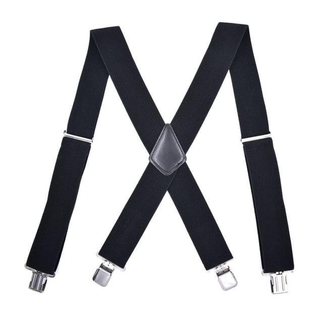 1pc Men's Suspenders Wide Adjustable Elastic Braces Pants Strap with 4 Clips Design in black. Made of durable elastic fabric and metal clips, featuring an X-back design with a leather connector for style and support. Ideal for men's accessories and practical use as a pants suspender.
