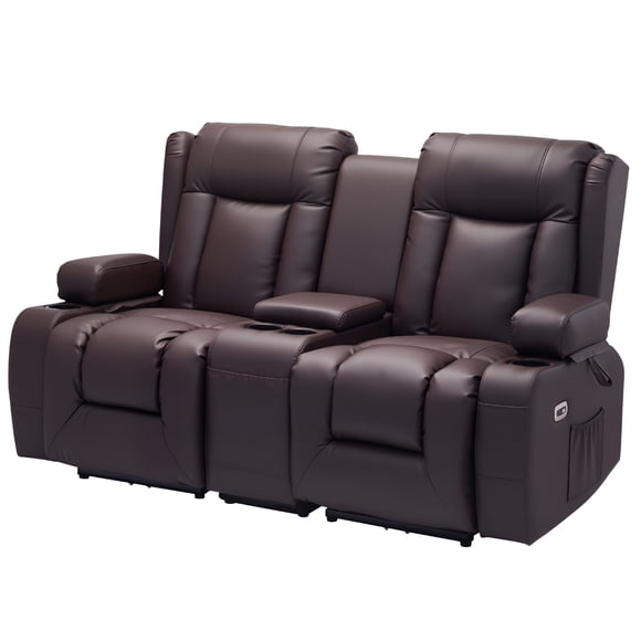 KFFKFF Loveseat Recliner Sofa, Power Reclining Couch with Heating & Massage and Timer, PU Leather Electric Recliner Sofa with Center Console, USB Ports