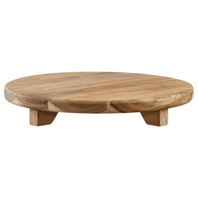 Bouclair Wood Tray round natural acacia wood serving tray with low wooden feet and smooth polished surface featuring natural grain patterns, ideal for serving and decorative use in rustic or modern home décor