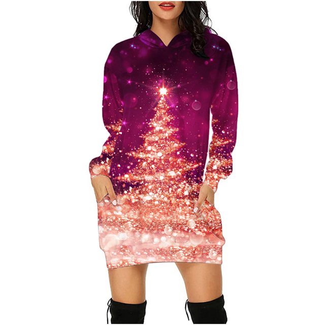 Jsaierl Robe à Capuche pour Femmes, Imprimé d'Arbre de Noël Doré, Mode Décontractée, Chandail à Enfiler à Manches Longues, Mini-Robe à Capuche avec Poche, Chandails d'Automne pour Femmes