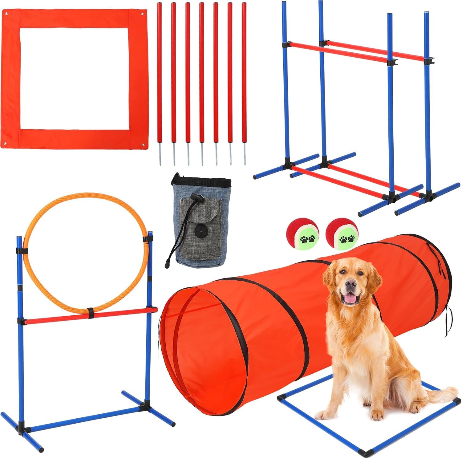 EDTara Sunvasagoo Dog Agility Course Backyard Set, 87-Piece Dog Obstacle Course Training Starter Kit with Tunnel, Adjustable Dog Hoop,Weave Poles, Jump Ring, Pause Box, Toy Balls and Storage Bag