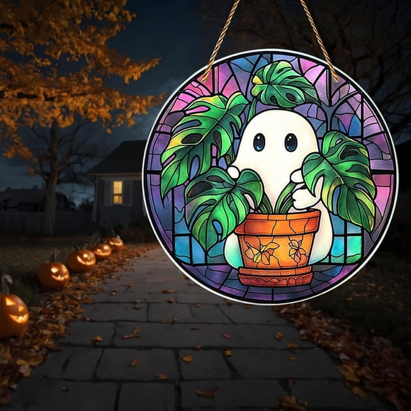 Vaidha Ghost With Monstera Plant Acrylic Window Hanging | Spooky Halloween Decor | Round Ghost Holding Monstera Leaf | Indoor Outdoor Holiday Decoration | Includes 1 Pendant with Chain