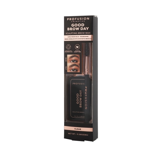 Good Brow Day - Sculpting Brow Wax by Profusion Cosmetics in clear, featuring a black rectangular wax container with rose gold lettering and a dual-ended brow spoolie with synthetic bristles, packaged in a slim black box highlighting its vegan, cruelty-free, and hyaluronic acid-infused formula with before and after eyebrow images.