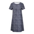 thumbnail image 3 of QJUHUNG Midi pour Femmes Été Décontracté Ample Bohème à Imprimé Floral Col Ras du Cou Manches Courtes Longueur Genou Robe Froncée avec Poches, 3 of 4
