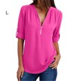 thumbnail image 1 of Blouse à Manches Longues avec Fermeture Éclair pour Femmes, Col en V, Chemise Décontractée, Rose Rouge, L, 1 of 2