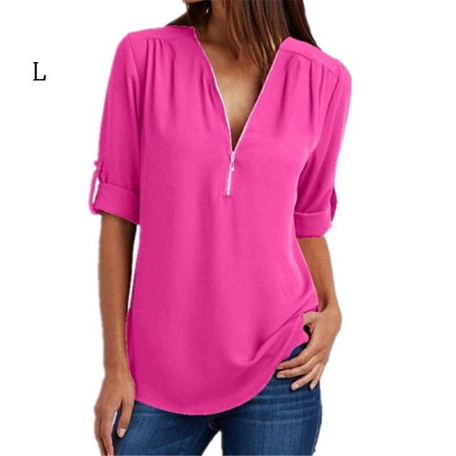 Blouse à Manches Longues avec Fermeture Éclair pour Femmes, Col en V, Chemise Décontractée, Rose Rouge, L