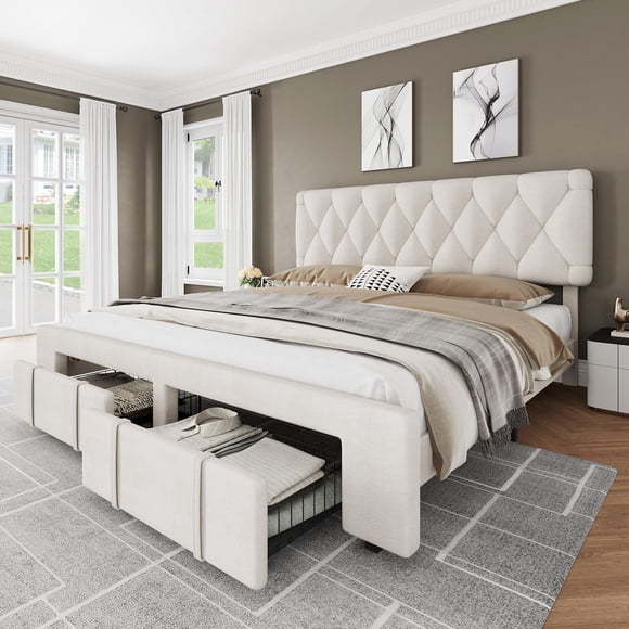 Eastvita Lit Plateforme Très Grand-Size Beige Rembourré avec Tiroirs de Rangement - Base de Matelas avec Lattes en Bois Massif/sans Sommier Requis
