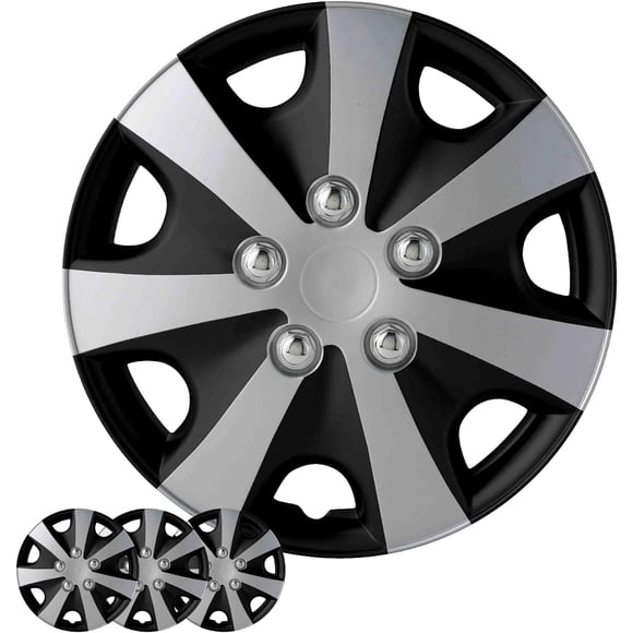 Ensemble de Couvre-Roues, Ensemble d'Enjoliveurs de 16 Pouces de 4 Capuchons de Moyeu Automobile avec Anneaux de Retenue Universels à Clipser, Couvre-Jantes Bicolores en Plastique ABS Noir et Argent pour Toutes les Marques, Modèles (SG-5051-DP-16)