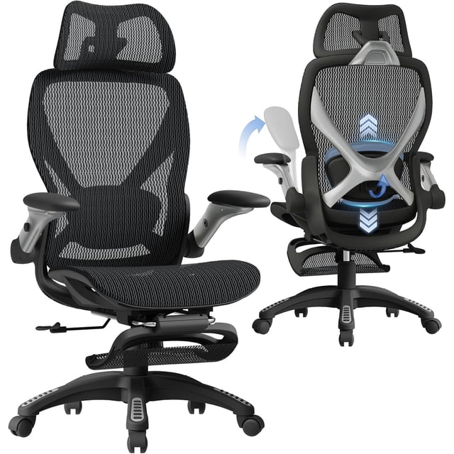 Ergonomic Office Chair with Footrest Big and Tall Home Desk Chair with Flip-Up Arms Adjustable Adaptive Lumbar Support Back Rolling Computer Chair Swivel Gaming Mesh Chairs