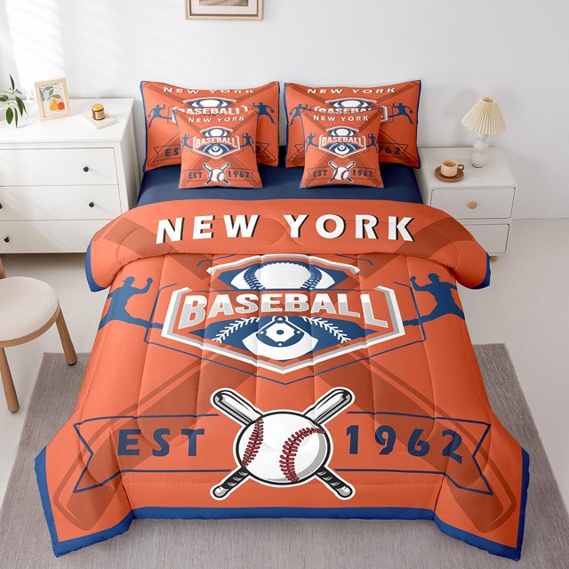YST Ensemble de Douillette Simple 7 Pcs, Sac de Literie Réversible Toutes Saisons Simple, Ensemble de Literie Simple Ultra Doux avec Douillette de Baseball pour Garçons, Drap Plat, Drap-Housse, Taies d'Oreiller, Couvre-Oreillers, New York