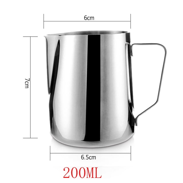 Stainless steel milk frothing pitcher with a 200ml capacity, designed for latte art and coffee preparation. Features a polished finish, ergonomic handle, and precise spout for controlled pouring. Dimensions are 7cm in height, 6.5cm in base diameter, and 6cm in top diameter. Made from eco-friendly, food-grade stainless steel, it is heat-resistant, anti-rust, and dishwasher safe. Suitable for frothing milk for coffee, tea, or hot chocolate.