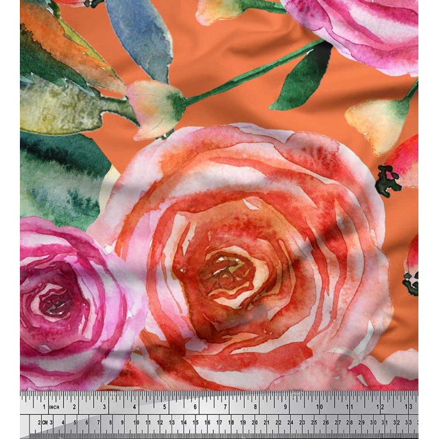 Soimoi Tissu en Poly Georgette Imprimé Feuilles et Roses au Mètre 42 Pouces de Large