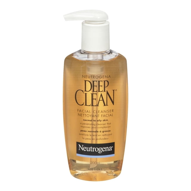 Neutrogena Deep Clean Facial Cleanser in a transparent amber 200 ml pump bottle with a white dispenser, formulated for normal to oily skin to deeply cleanse pores and remove dead skin cells, improving complexion and skin texture.