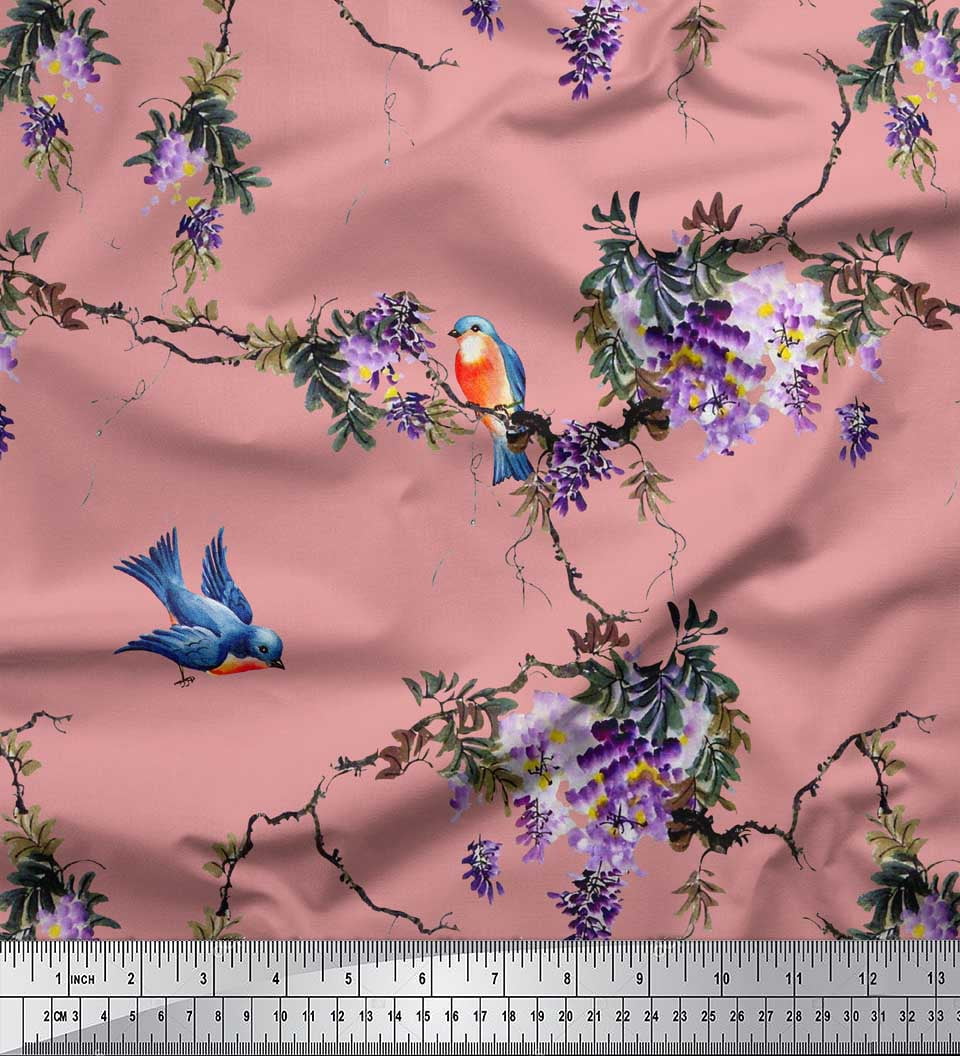 Soimoi Pink Moss Georgette Fabric Floral & Flowerpecker Bird Fabric Prints by Yard 44 Inch Wide