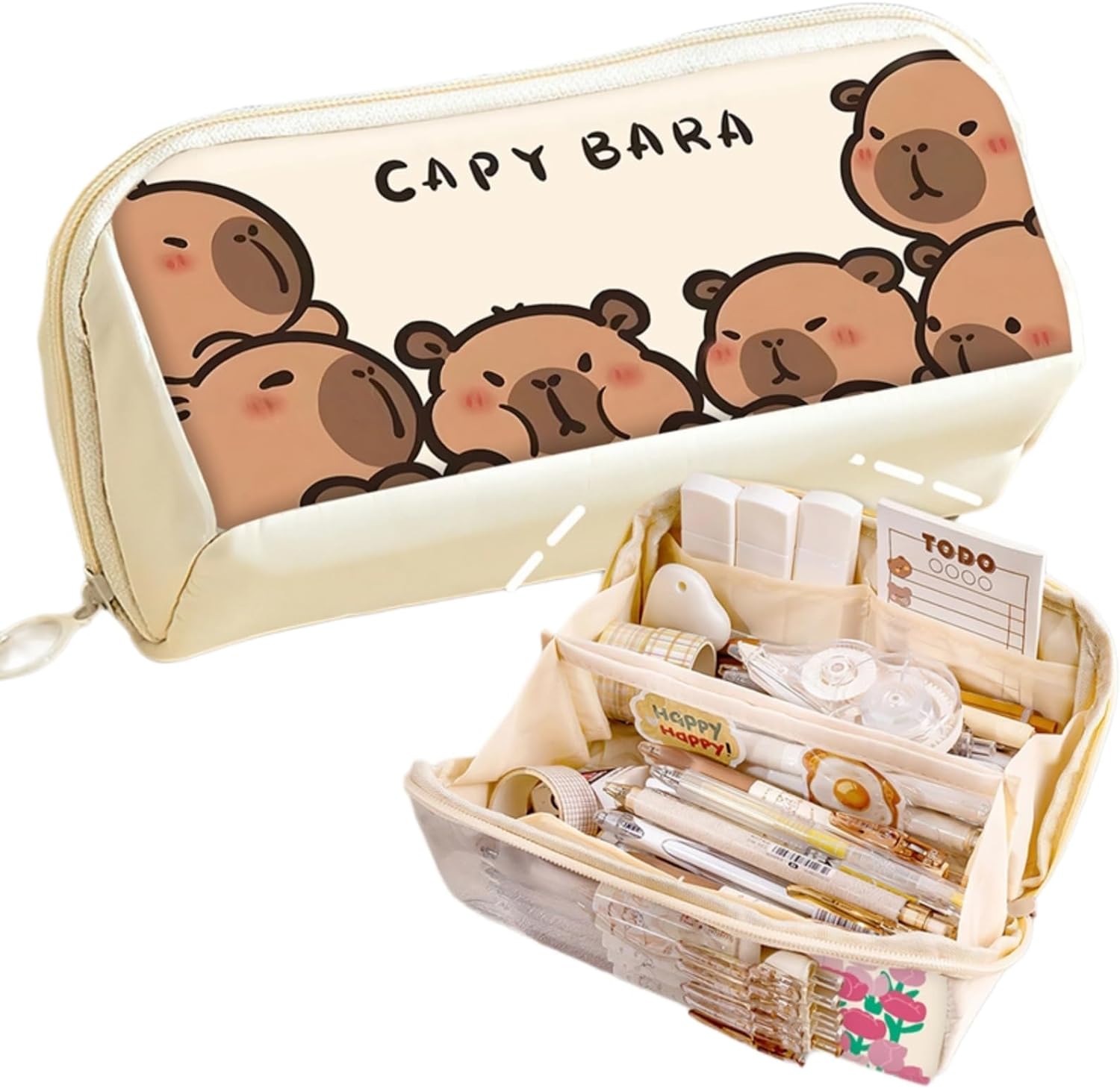 JP Trousse à Crayons Multi-Couches Grande Capacité - Imprimé Capybara Mignon (Beige)