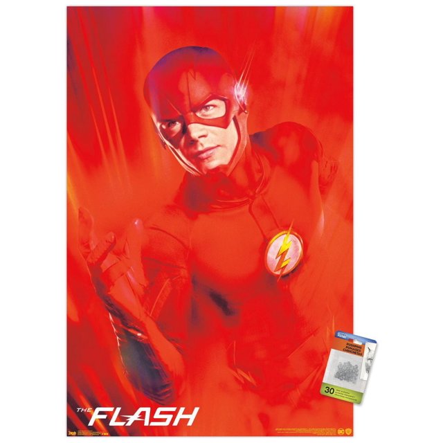 DC Comics TV - The Flash - Affiche Murale Key Art, 22,375 Po x 34 Po, Représentant le Flash dans Sa Combinaison Rouge avec un Emblème de Foudre Jaune sur la Poitrine, sur un Fond Rouge Vif avec des Effets de Flou de Mouvement, Parfaite pour l'Art Mural et la Déco Intérieure.