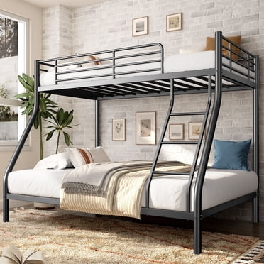 Soges Twin Over Full Bunk Bed Metal Bed Frame with Ladders, Heavy Duty Sturdy Bed Frame with Safety Guardrail For  Adults, No Box Spring Needed, Black