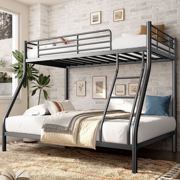 Soges Twin Over Full Bunk Bed Metal Bed Frame with Ladders, Heavy Duty Sturdy Bed Frame with Safety Guardrail For Adults, No Box Spring Needed, Black
