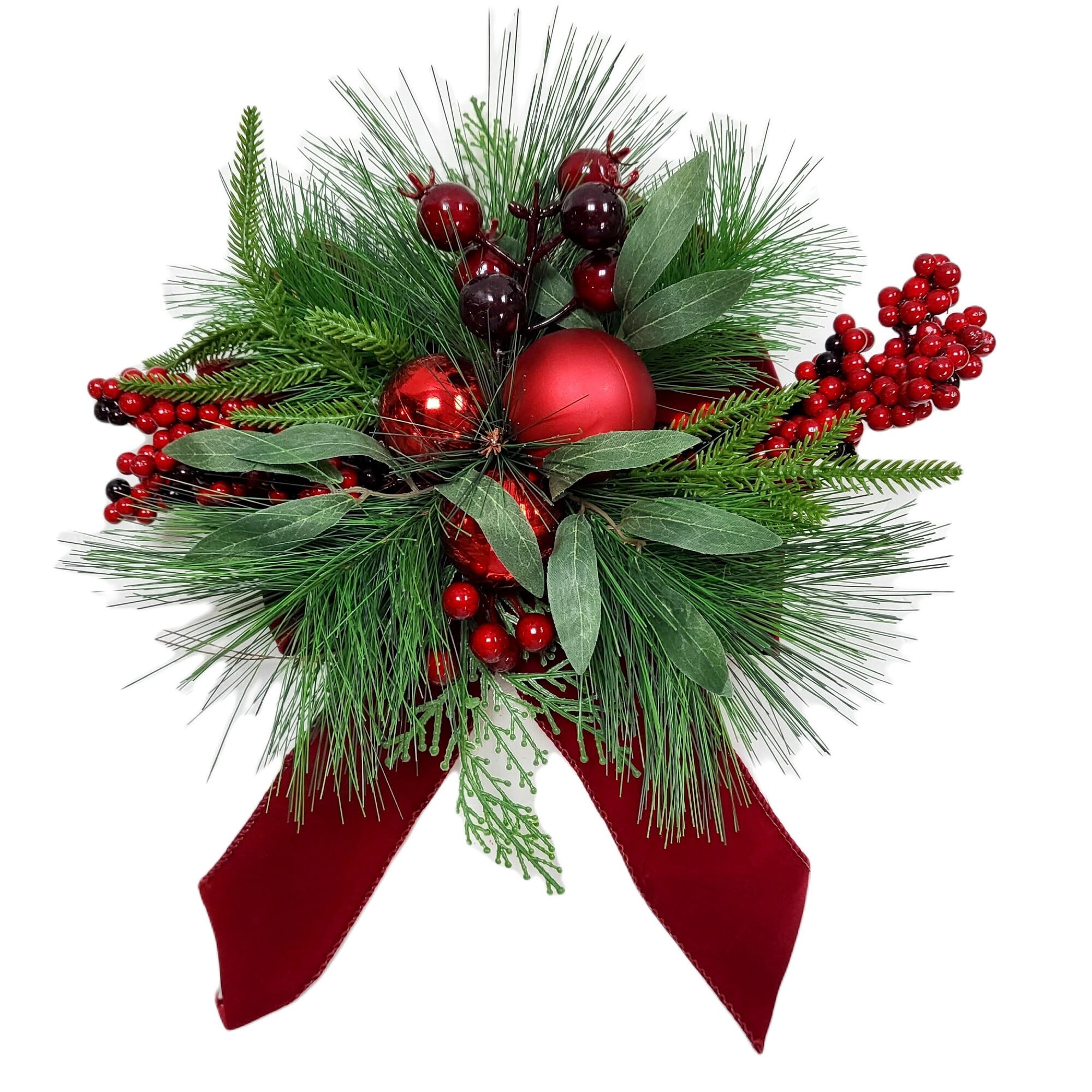 Boucle de Noël florale avec boules rouges et baies, 13 po, par Holiday Time