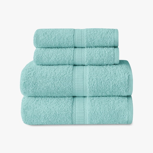 Mainstays Basics 4pk Towel Set in teal with 2 bath towels and 2 hand towels stacked, made of 100% cotton with a textured absorbent weave and decorative band, machine washable and quick drying, suitable for everyday bathroom or guest use.