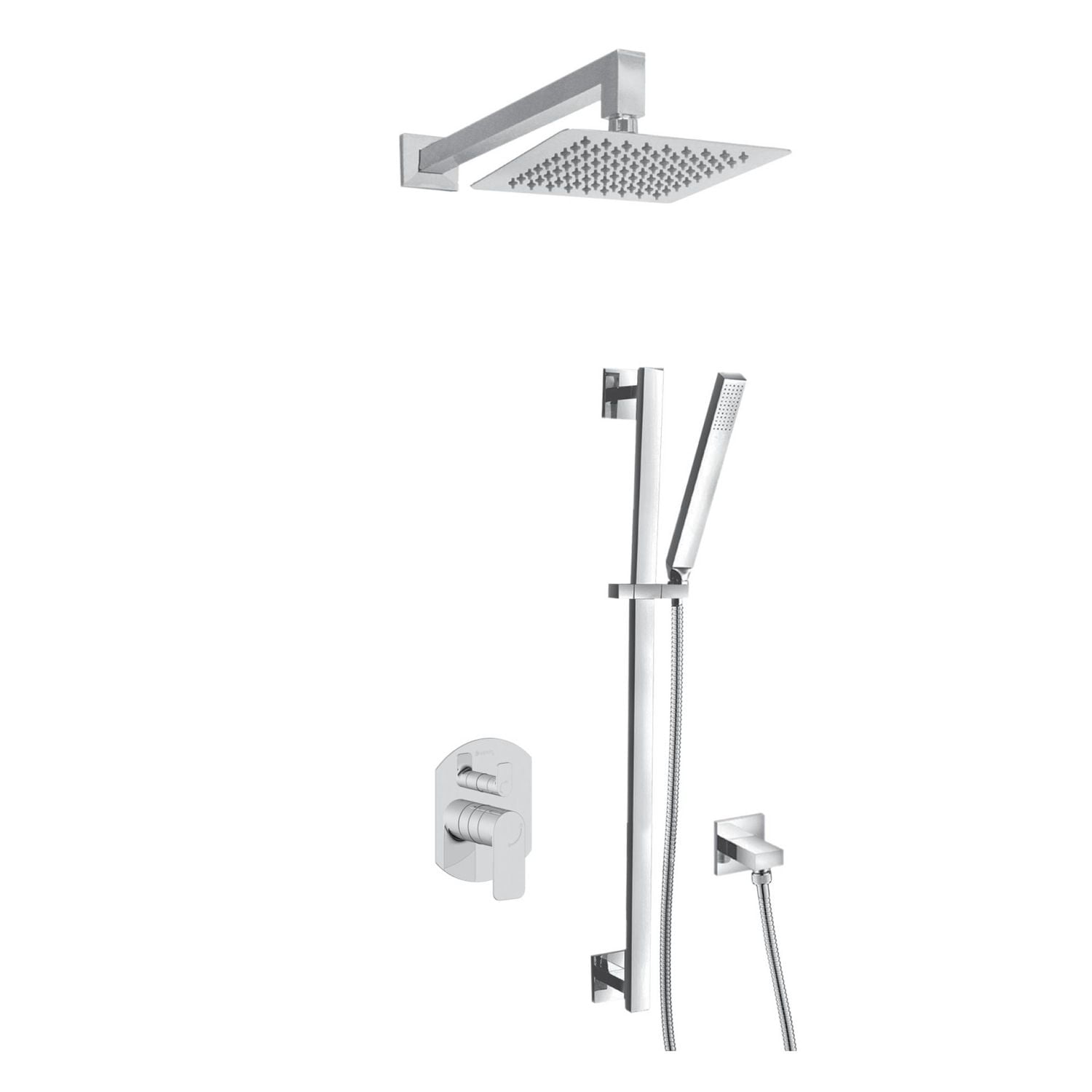 The akuaplus® ELENA shower faucet set with pressure balance cartridge and 2-way diverter plus 1, a adjustable combo system with hand shower with pommeau and brass elbow.