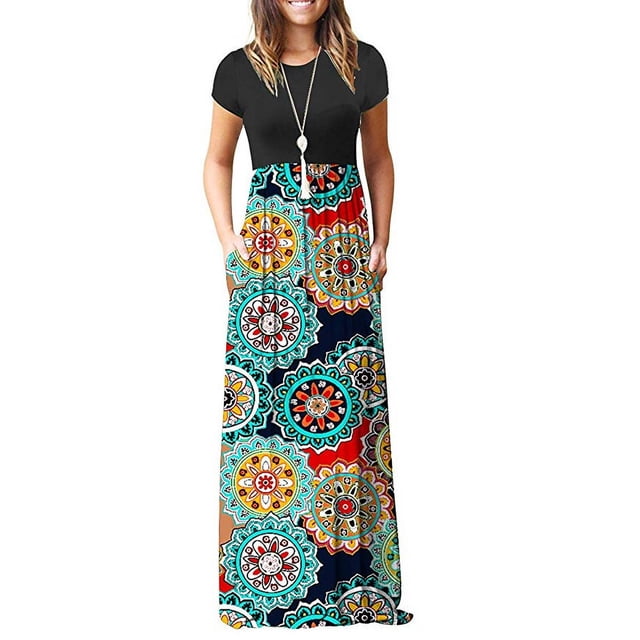 Robes Longues Maxi Décontractées pour Femmes à Manches Courtes, Coupe Ample et Unie avec Poches par Pink Queen. Cette Robe Présente un Haut Noir à Manches Courtes avec une Encolure Ronde et une Jupe Longueur au Sol Ornée d'Un Motif mandala Multicolore vibrant. Fabriquée à 95 % de Rayonne et 5 % d'Élasthanne, Elle Est Extensible, Douce et Confortable. la Robe Comprend une Taille Élastique pour une Coupe Flatteuse et Deux Poches Latérales pour Plus de Commodité. Convient aux occasions Décontractées, de Fête, de Travail, de Plage Ou de Vacances, Idéale pour le Printemps et l'Été.