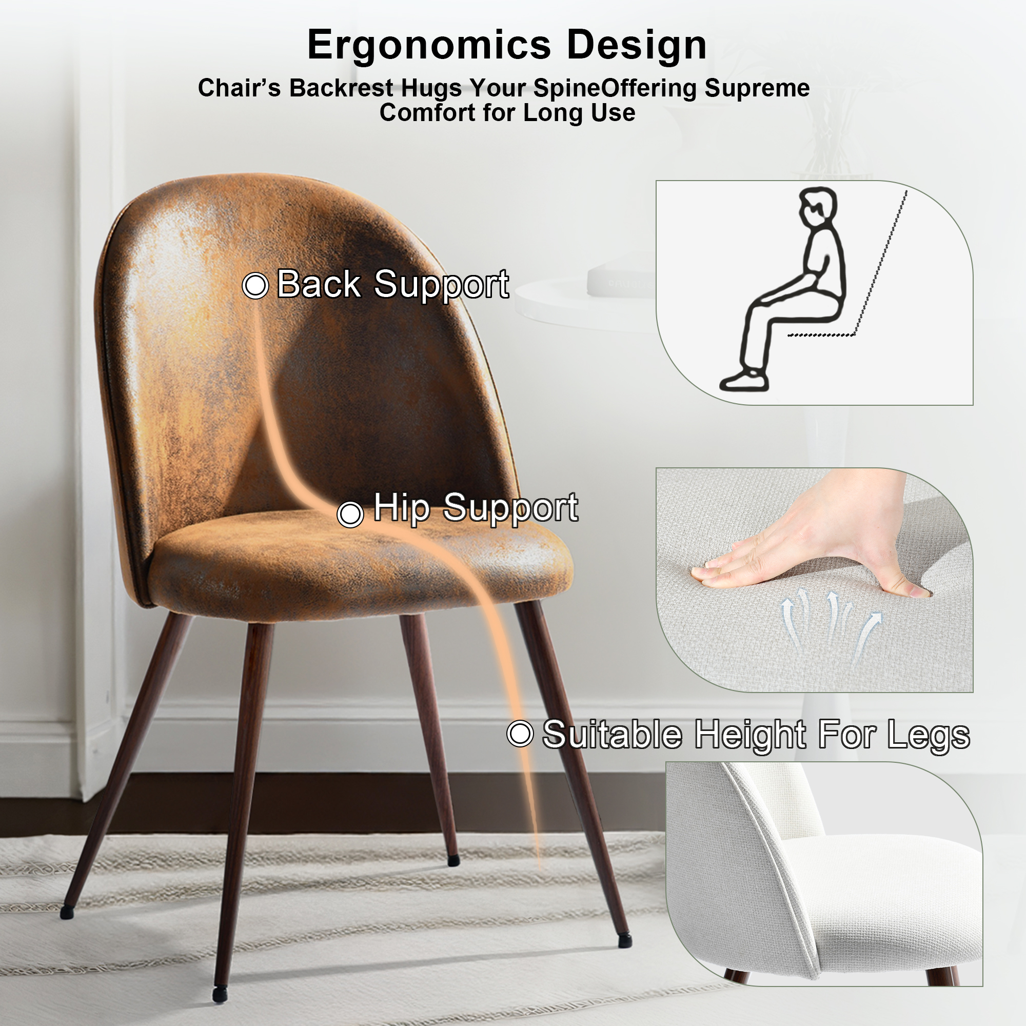 Ensemble de 2 chaises de bureau modernes Homy Casa, dossier incurvé rembourré en imitation daim brun