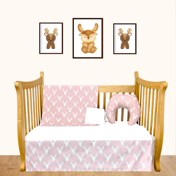 Bebelelo 5 Piece Nursery Crib Bedding Set Including Skirt, Mattress Cover, Comforter, Quilt, and Feeding Pillow (Pink and White Color with Moose Antlers Pattern) - #465fp