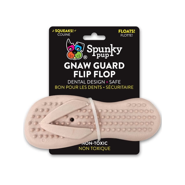 Gnaw Guard Foam Flip Flop Dog Toy in beige foam with textured nubs and strap detail, designed for dental health and safe chewing, displayed on Spunky Pup black packaging highlighting its non-toxic, squeaking, and floating features, suitable for outdoor and water play.