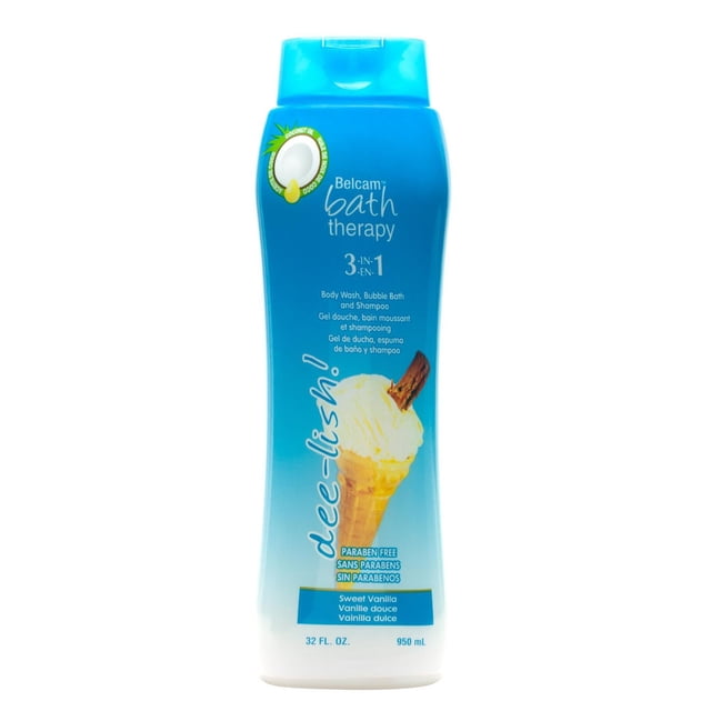 Belcam Therapy Bain Gel Douche 3 en 1, Bain Moussant et Shampoing en Bouteille Bleu et Blanc de 950 ml avec Bouchon Rabattable, Parfum Vanille Douce, Sans Parabènes, Végane, Formule Sans Gluten avec Huile de Coco Hydratante, Idéal pour des Soins Doux de la Peau et des Cheveux.