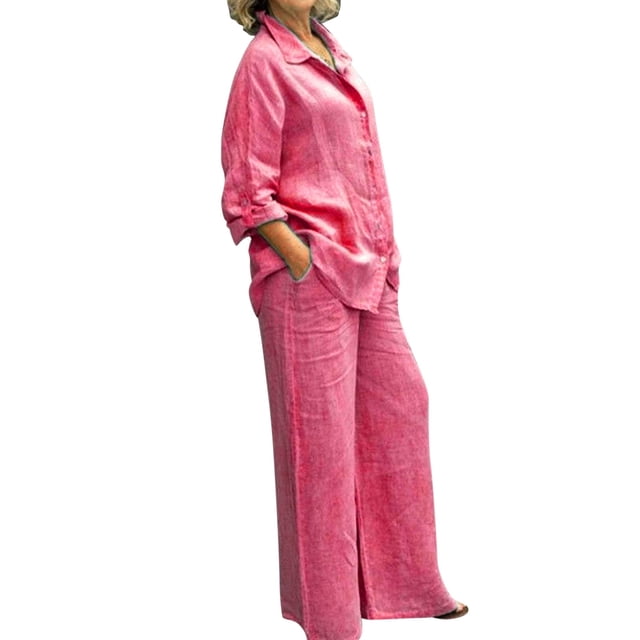 GDREDA Womens Cotton Linen Set 2 Piece Outfits Summer Button Down Shirt Wide Leg Pants Matching Sets Pink,S